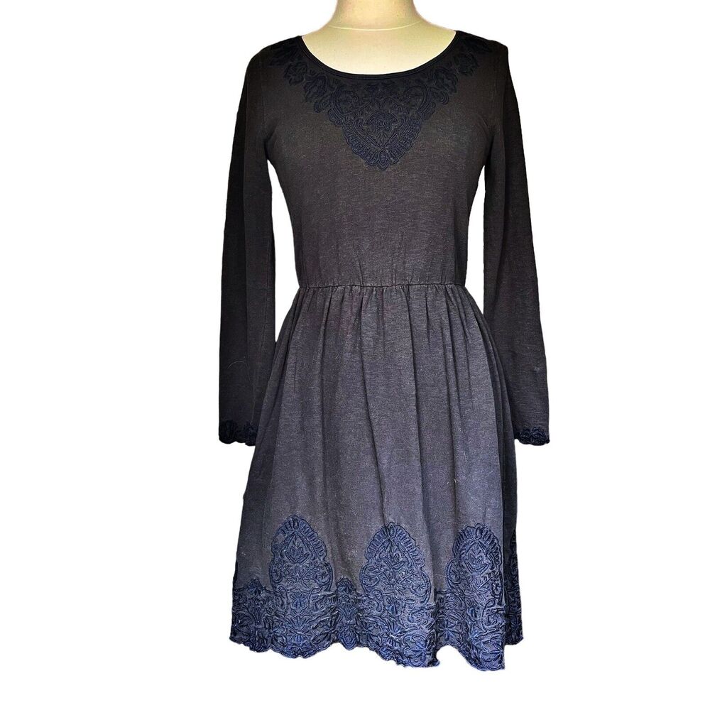 Anthropologie Saturday Sunday Ellie Dress S Dark Gray w Navy embroidered lace